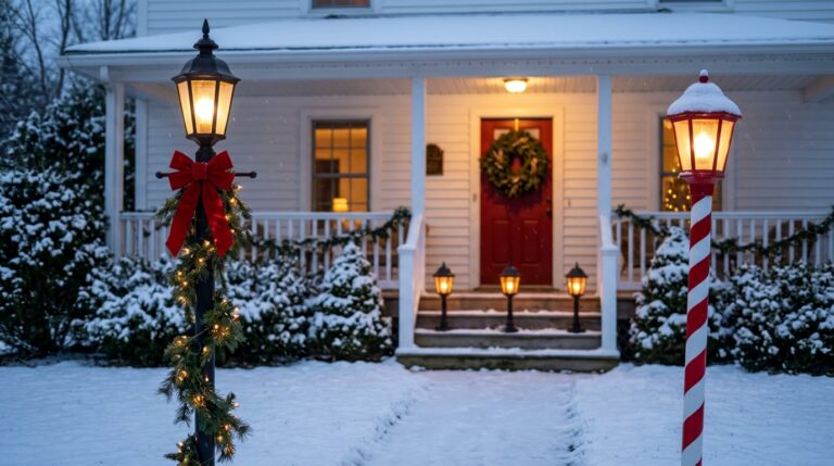 Christmas lamp post decor on a snowy front walk with a garland post and a candy stripe post