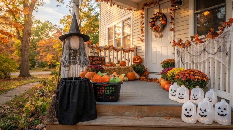 Last minute Halloween porch with a tomato cage witch, laundry basket cauldron and milk jug lanterns