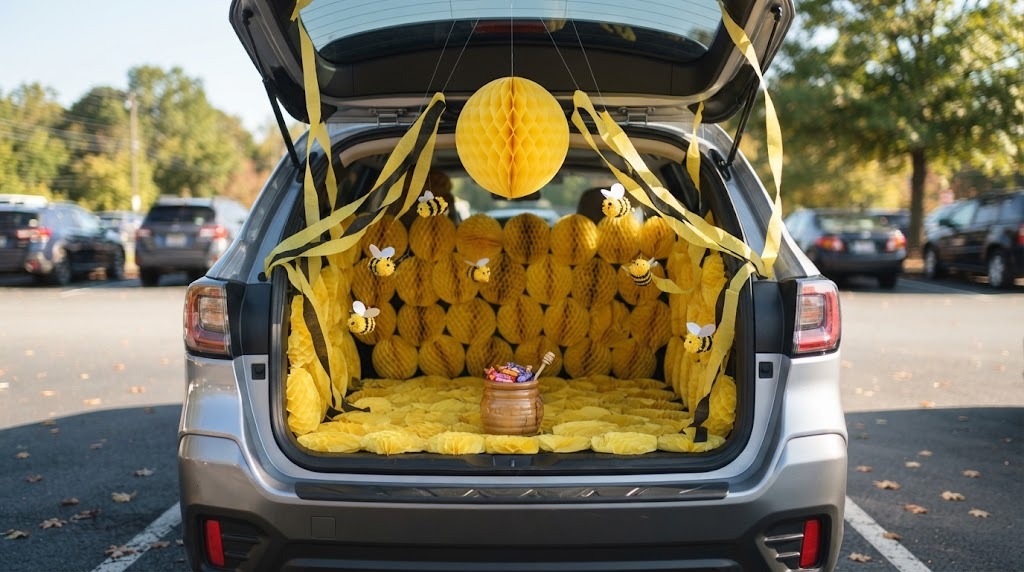 Hatchback lined with yellow paper honeycomb hexagons and pom pom bees