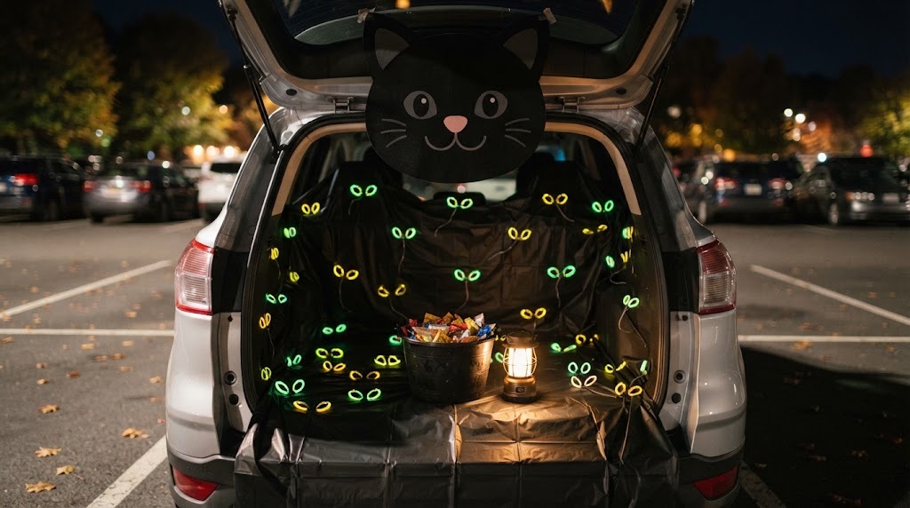Dark trunk lined in black with dozens of glow stick cat eyes and a felt black cat face