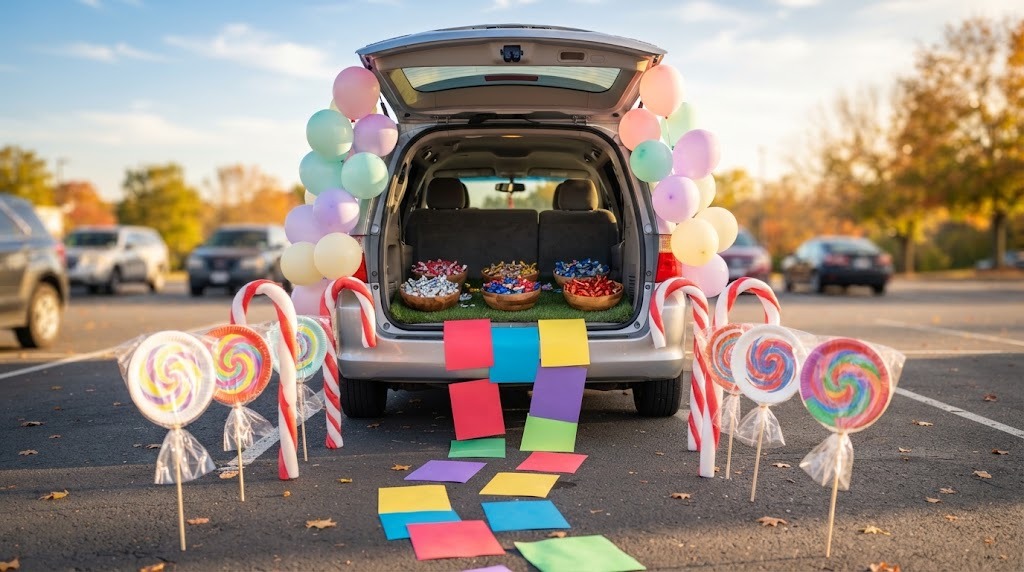 Last minute trunk or treat candy road made from colored paper squares with giant paper lollipops