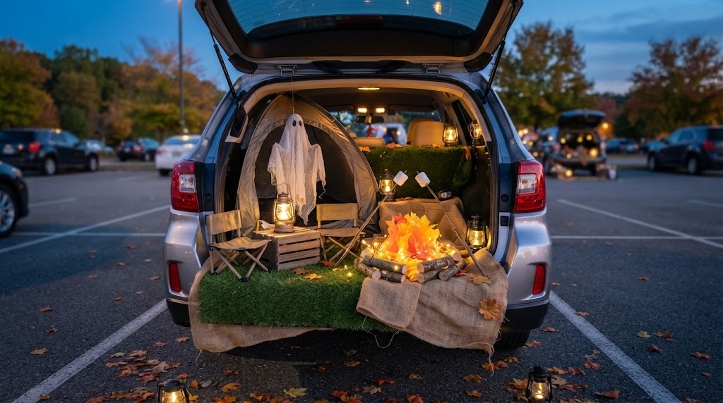 Haunted campsite with a small tent, camp chairs and a fake battery campfire beside a car