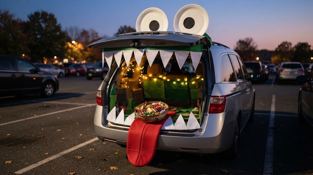Minivan hatch decorated as a green monster mouth with white felt teeth and paper plate eyes