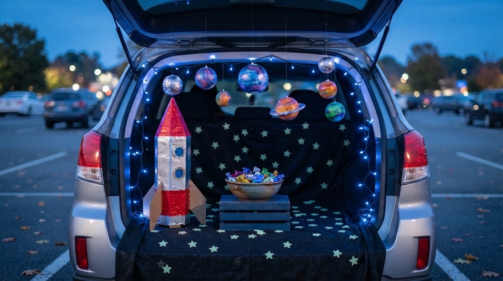 Last minute trunk outer space theme with foil planets, a cardboard rocket and starry backdrop