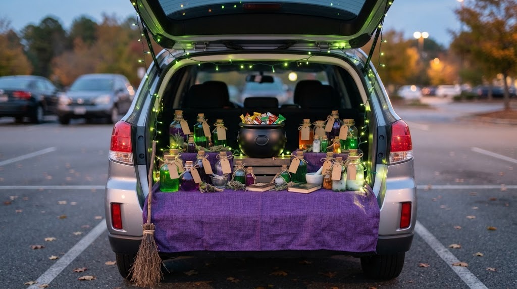 Witch potion lab with colorful bottles and a candy cauldron in a hatchback