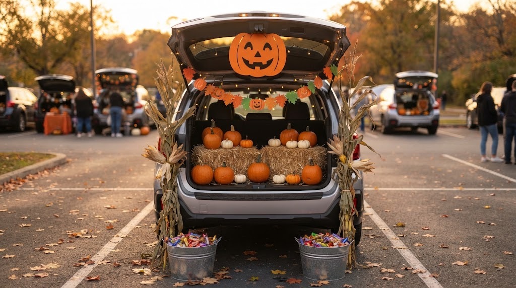 Last minute trunk or treat pumpkin patch with hay bales, pumpkins and a felt jack o lantern face in an open SUV