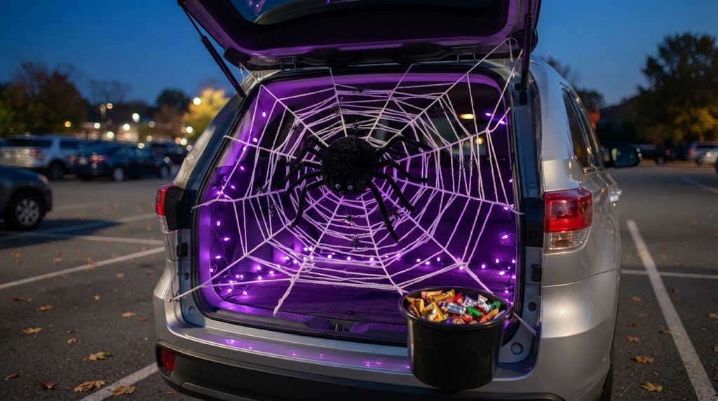 Last minute trunk spider web made from white yarn with a pom pom spider and purple lights