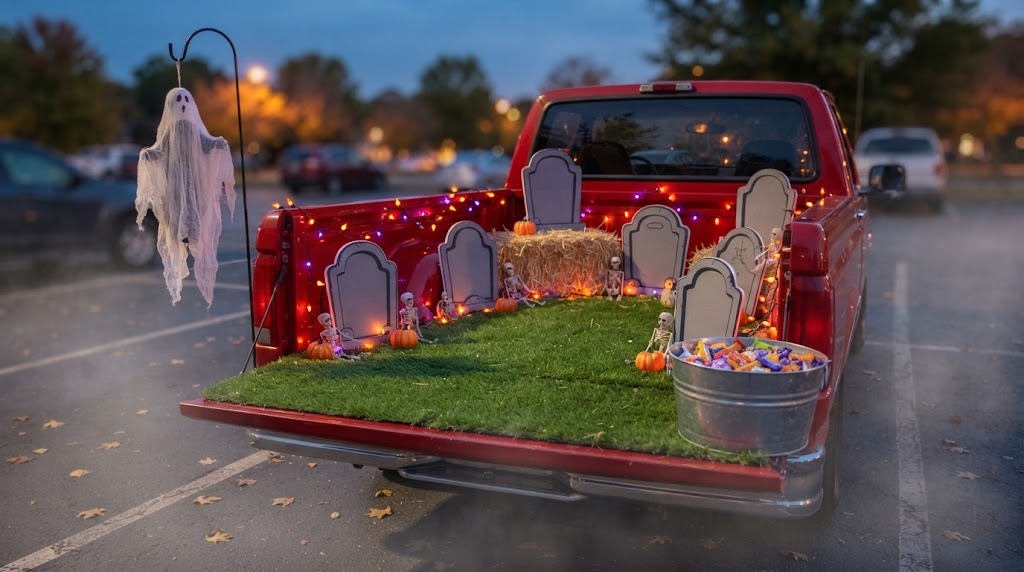 Pickup truck bed decorated as a friendly graveyard with foam tombstones and a cheesecloth ghost