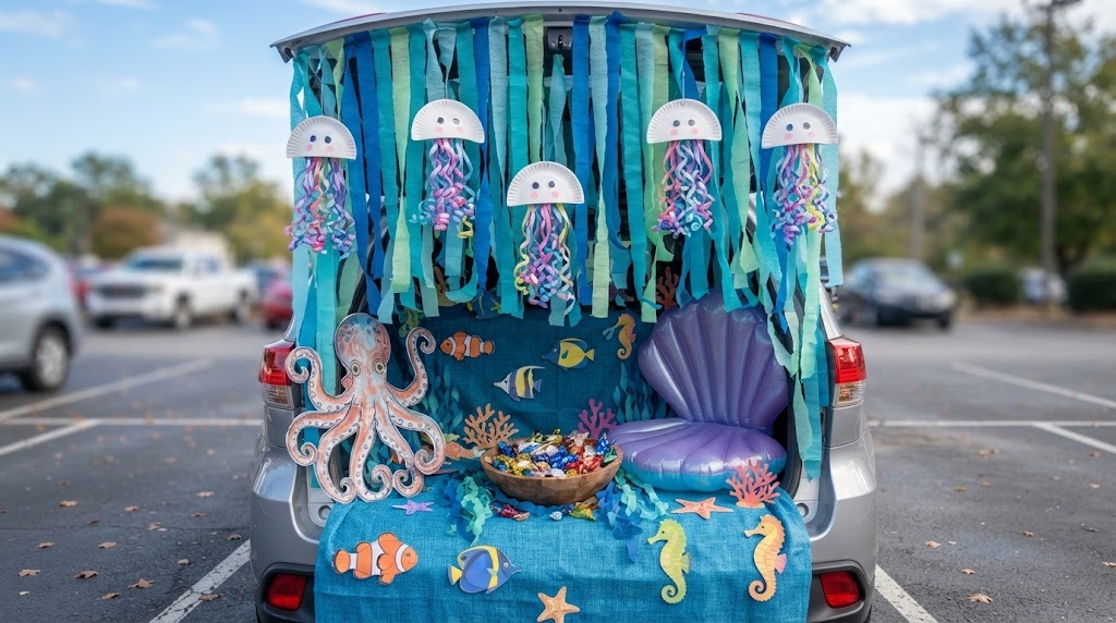Under the sea car setup with blue streamers and paper plate jellyfish