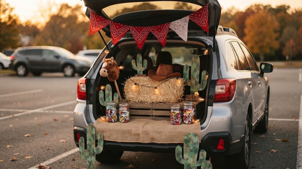 Western saloon trunk with bandana bunting, a hay bale, cardboard cactus and jars of candy