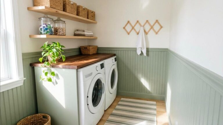 Laundry room makeover with a butcher block counter over a white washer and dryer
