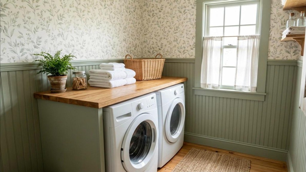 Laundry room makeover with peel and stick beadboard and patterned wallpaper
