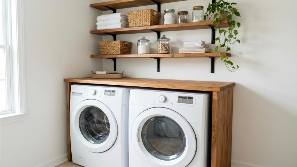 Two open wood shelves with baskets and jars above a washer and dryer