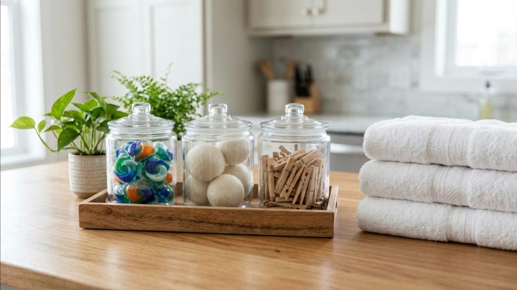 Laundry room makeover glass jars of detergent pods, clothespins and dryer balls on a tray