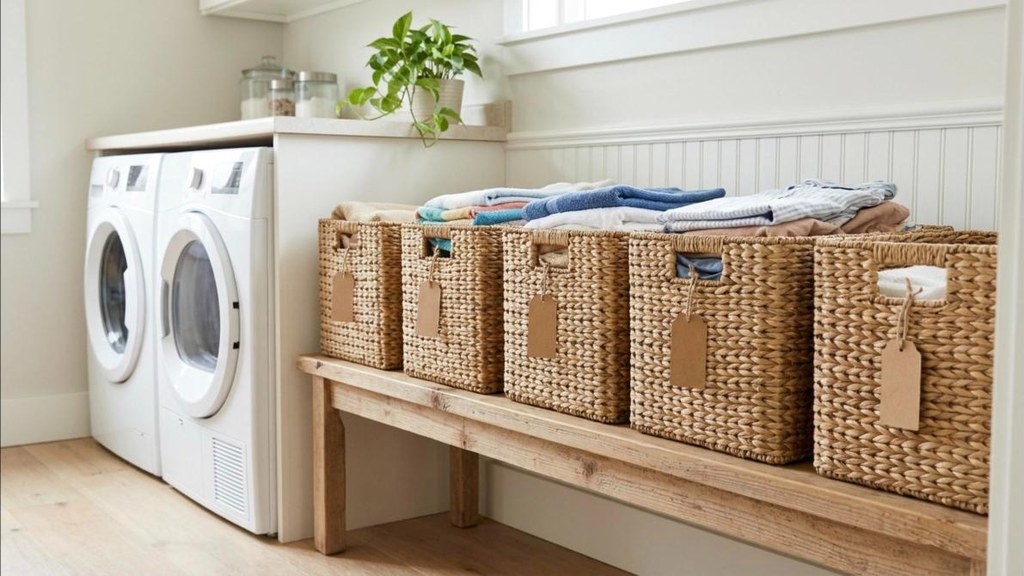 Laundry room makeover with matching woven baskets in a row with blank kraft tags