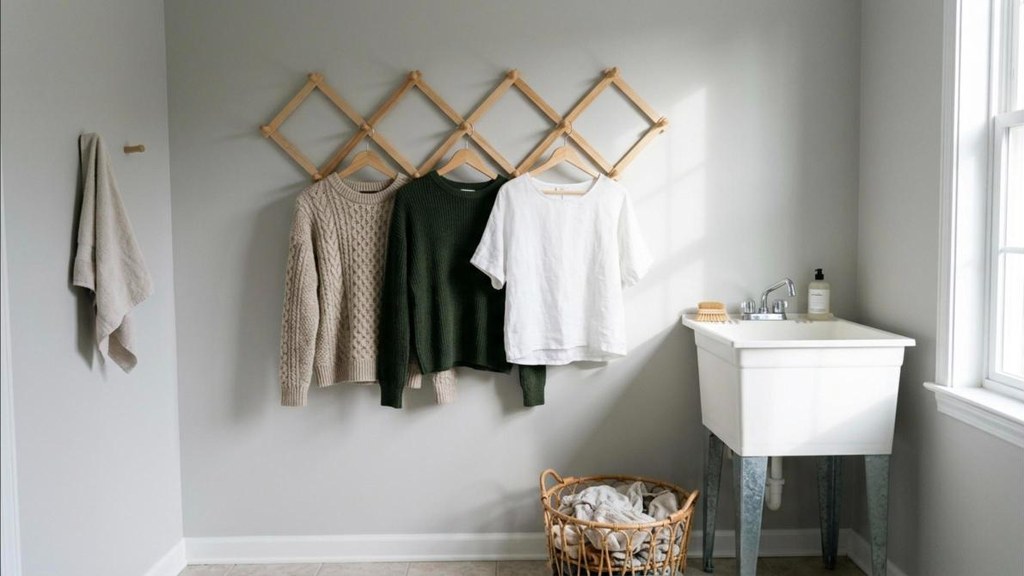 Wooden accordion drying rack on a laundry room wall with sweaters hung to dry