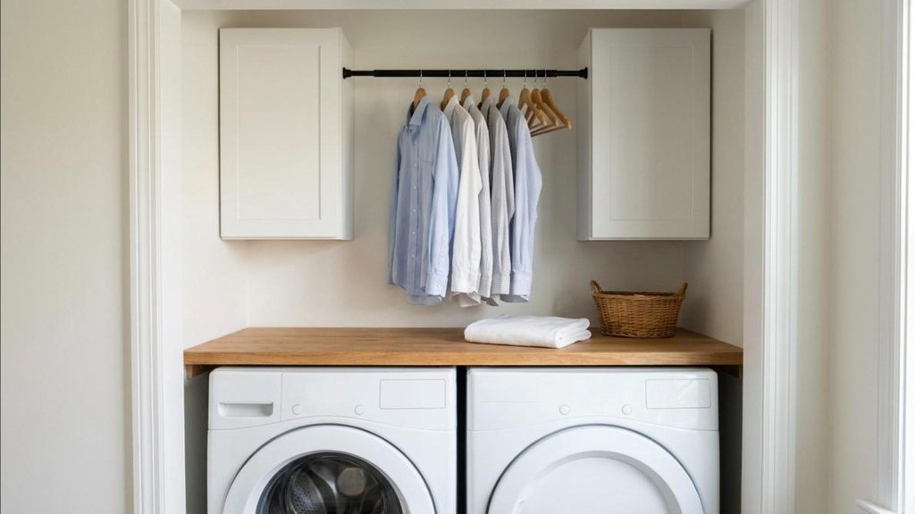 Tension rod between cabinets with shirts on wooden hangers in a laundry room