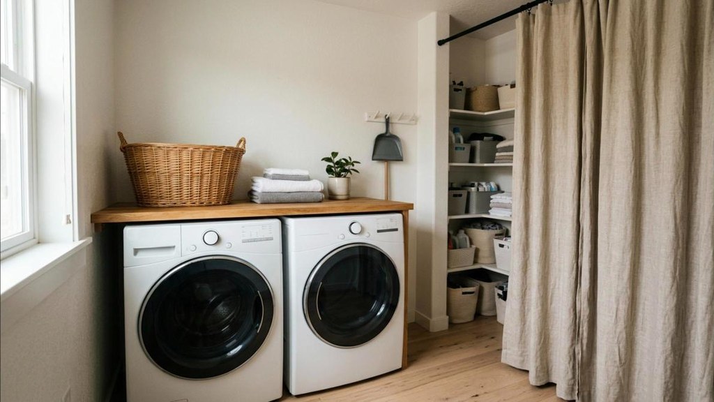 Linen curtain on a rod hiding shelves and the water heater in a laundry room