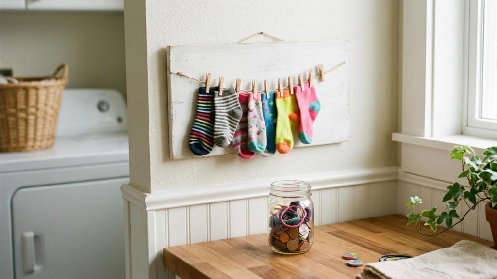 Small wooden board with mini clothespins holding single socks and a glass jar