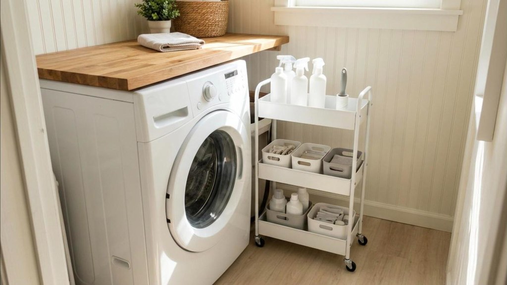 Laundry room makeover with a slim white rolling cart beside a washer