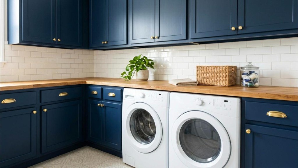 Laundry room makeover with navy painted cabinets and new brass knobs