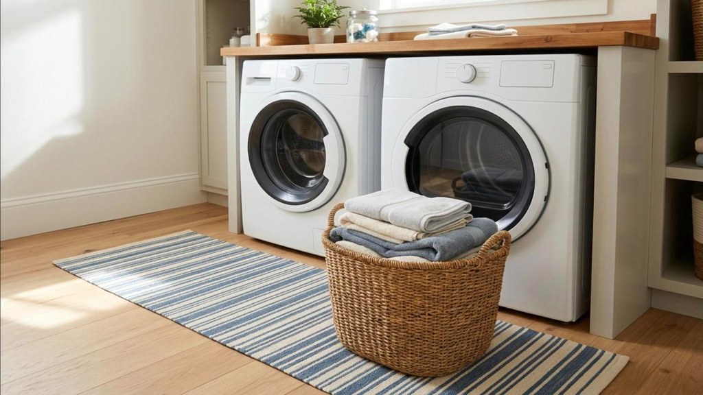 Striped washable runner rug on the floor in front of a washer and dryer