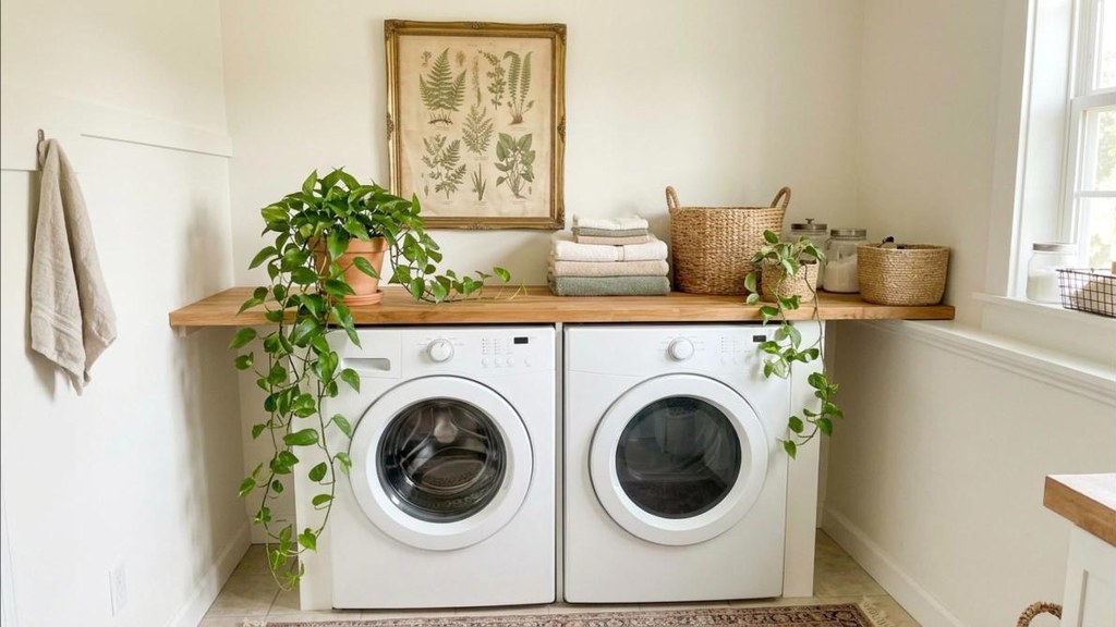 Laundry room makeover finished with a thrifted botanical print and a small potted plant