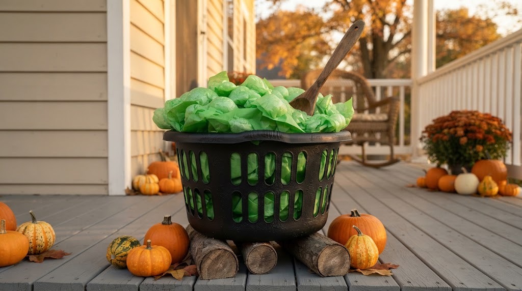 Black laundry basket painted as a witch cauldron with green tissue paper brew