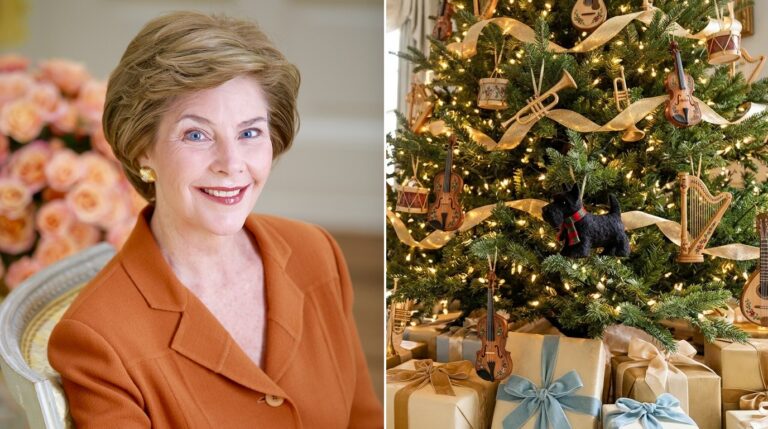 Laura Bush Christmas tree idea with hand-painted musical instrument ornaments and a Scottie dog ornament