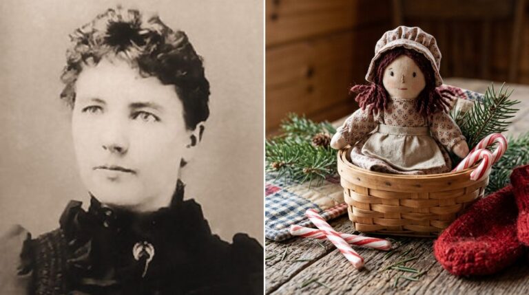 Laura Ingalls Wilder portrait beside a handmade calico rag doll in a basket with mittens and peppermint sticks
