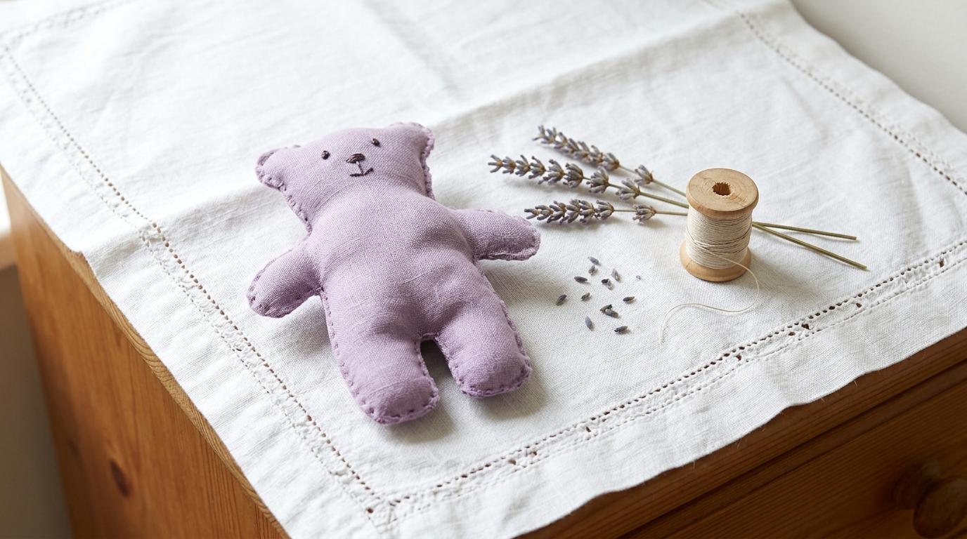 Lilac linen teddy bear sachet filled with dried lavender
