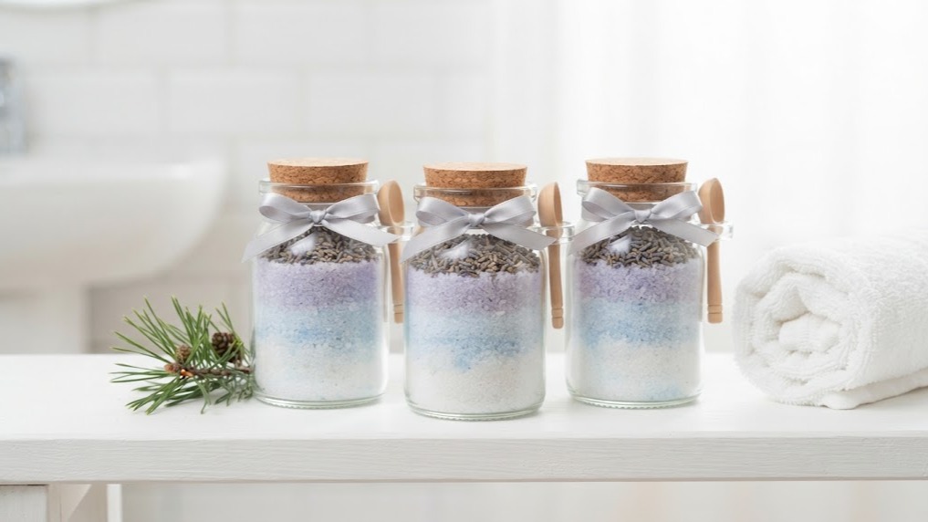 Three glass jars of layered white, blue and lavender bath salts with cork lids and ribbon