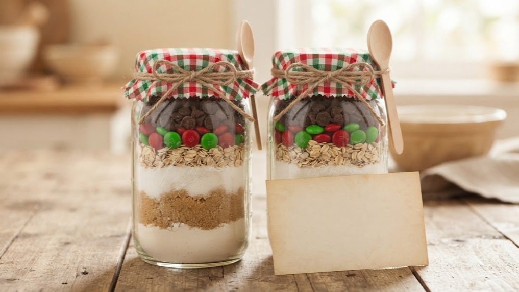 Christmas gifts in a jar with layered cookie mix and red and green candies