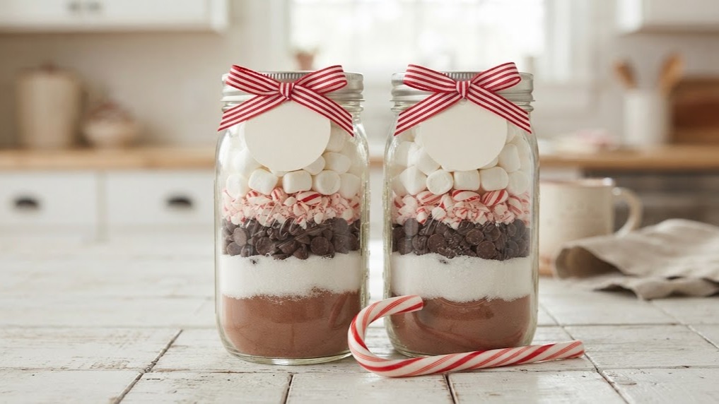 Christmas gifts in a jar with layered hot cocoa mix, peppermint and marshmallows