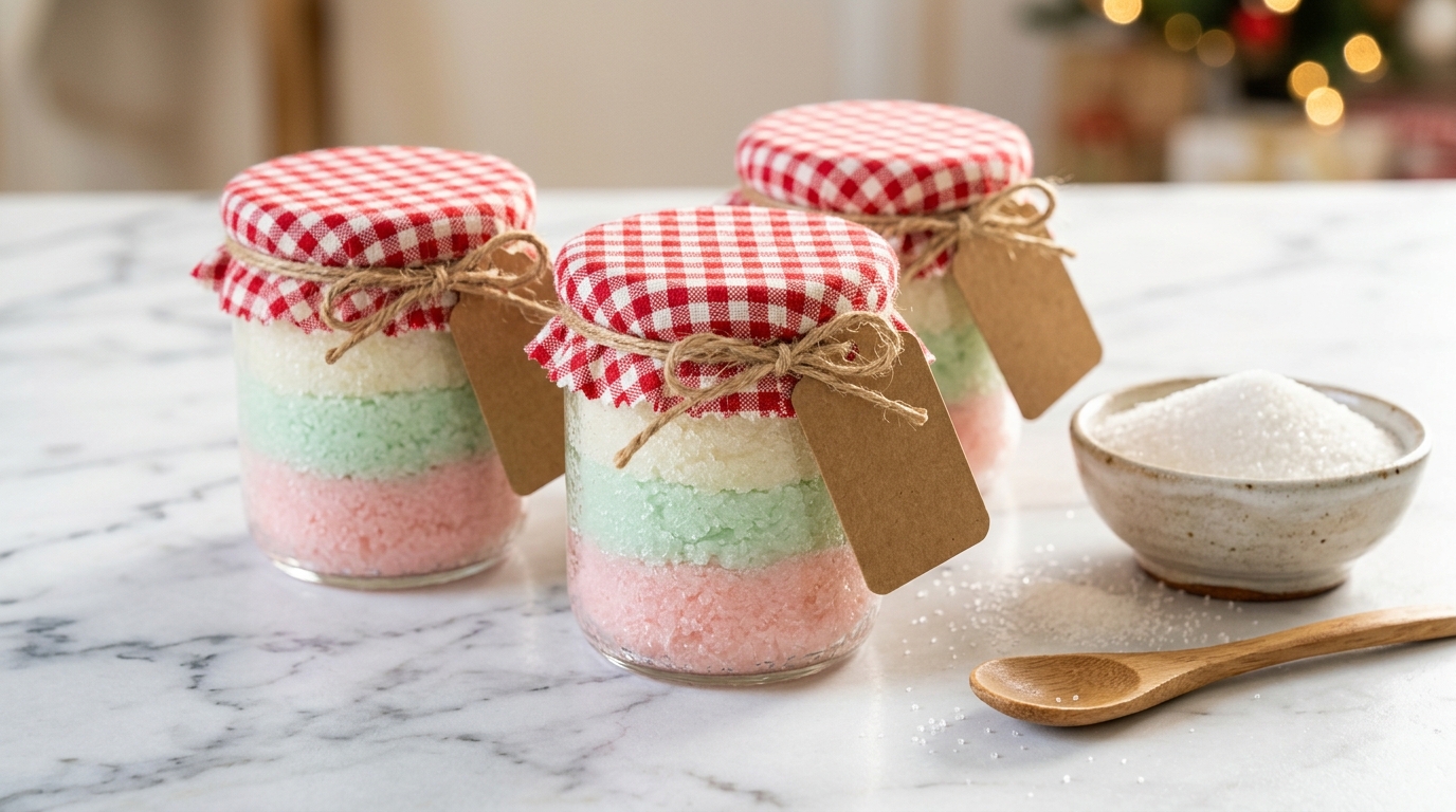 Layered pink, mint and white sugar scrub jars with gingham lids