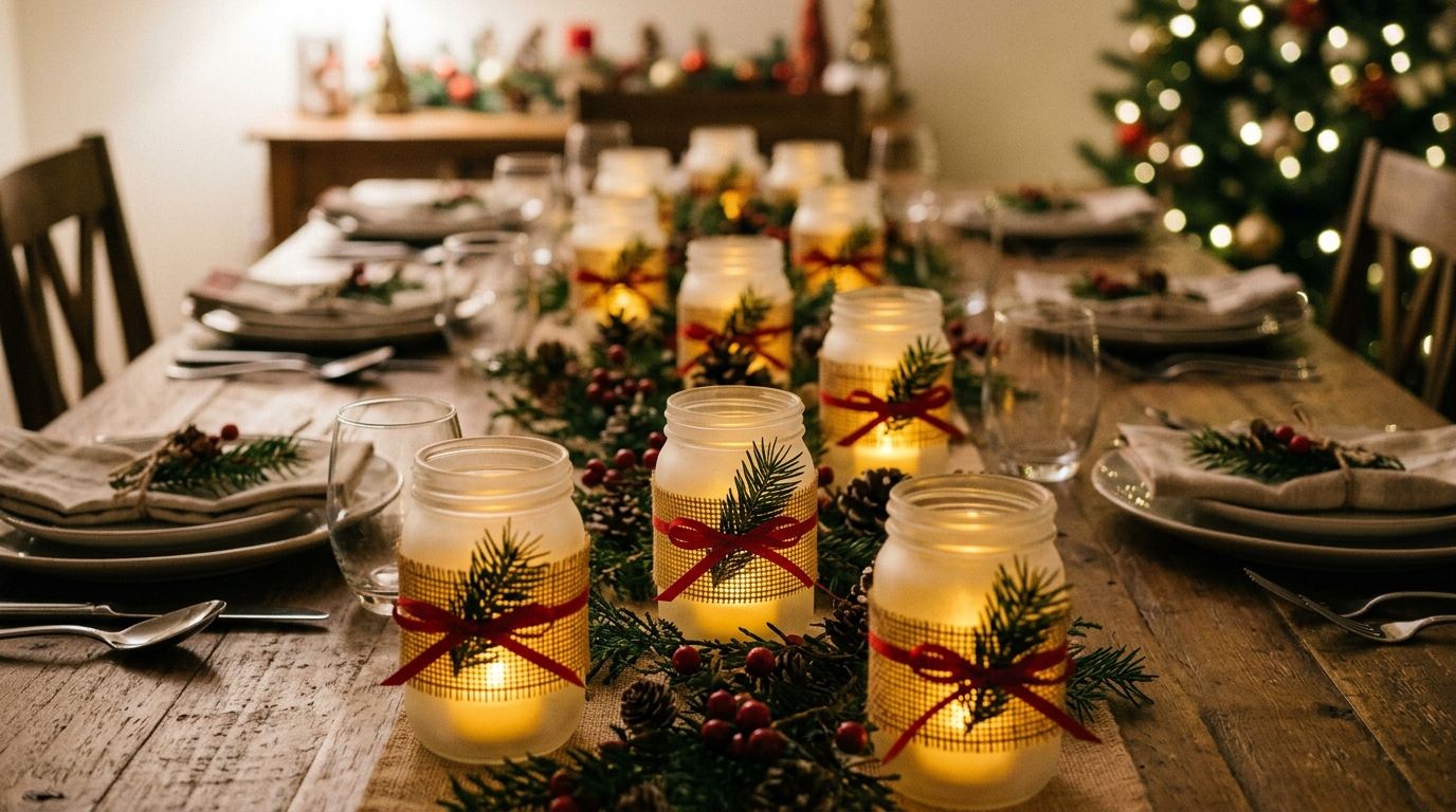 Christmas table favors of frosted jars with glowing battery tealights wrapped in burlap and ribbon