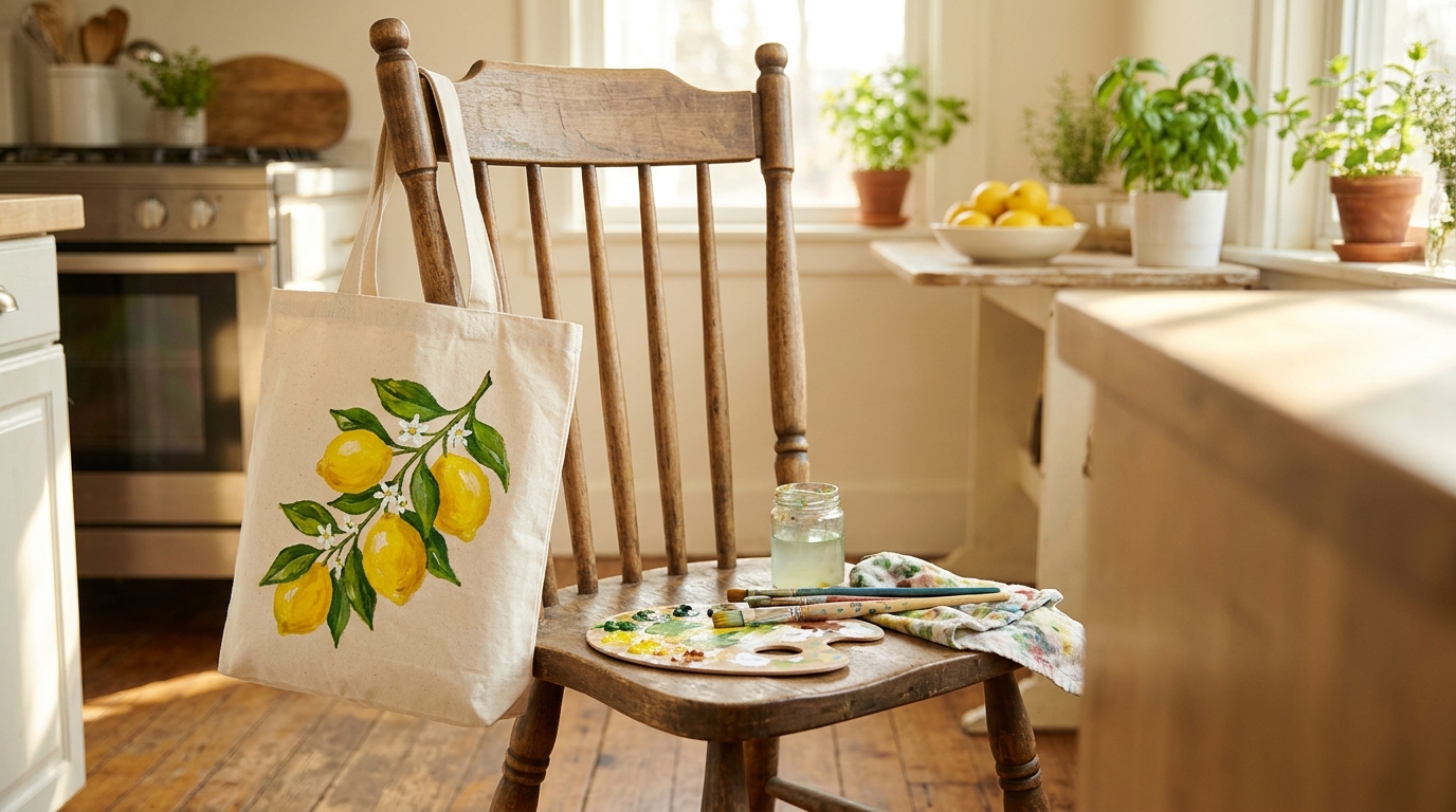 Canvas tote bag hand painted with a lemon branch on a wooden chair