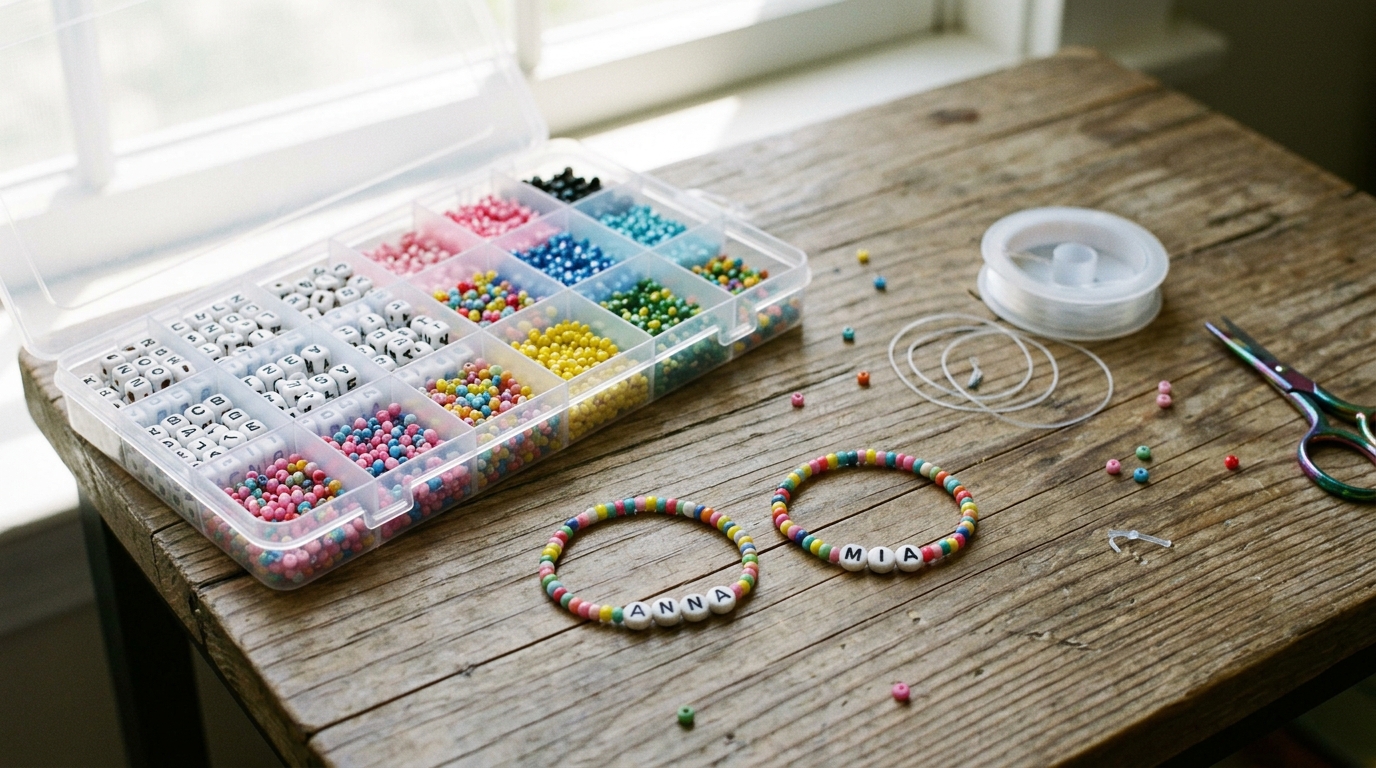Taylor Swift friendship bracelets with letter bead names next to a bead organizer