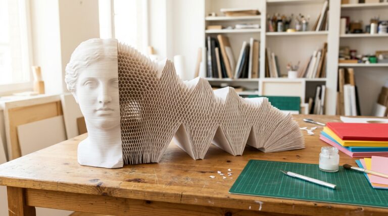 Lifelike paper sculptures technique: a white paper bust stretching sideways into a honeycomb accordion on a table