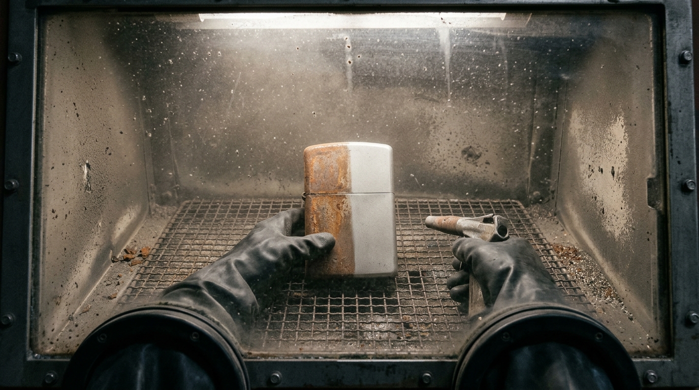 A large metal lighter case inside a sandblasting cabinet, half rusty and half clean