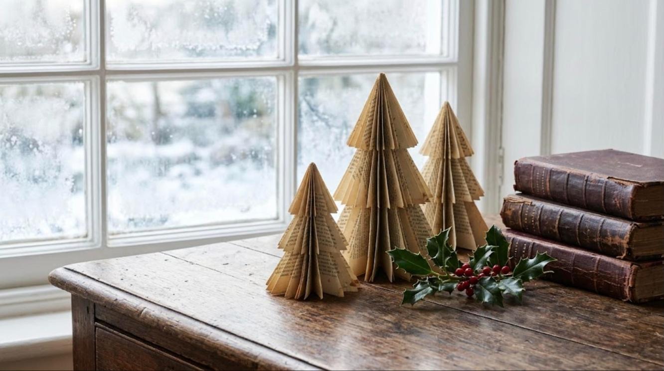 Little Women Christmas: small Christmas trees folded from old book pages standing on a wooden table with greenery
