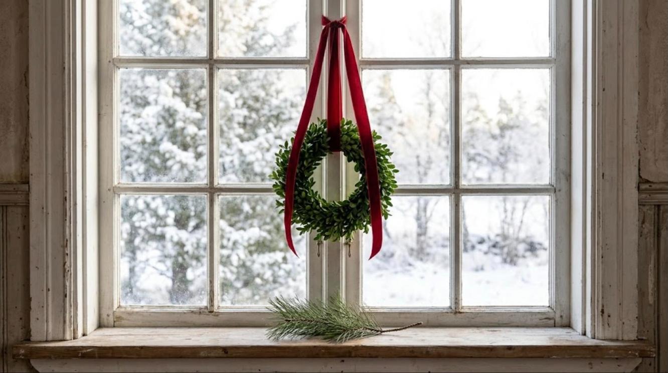 Little Women Christmas: simple boxwood wreath with a long red velvet ribbon bow hanging in an old farmhouse window