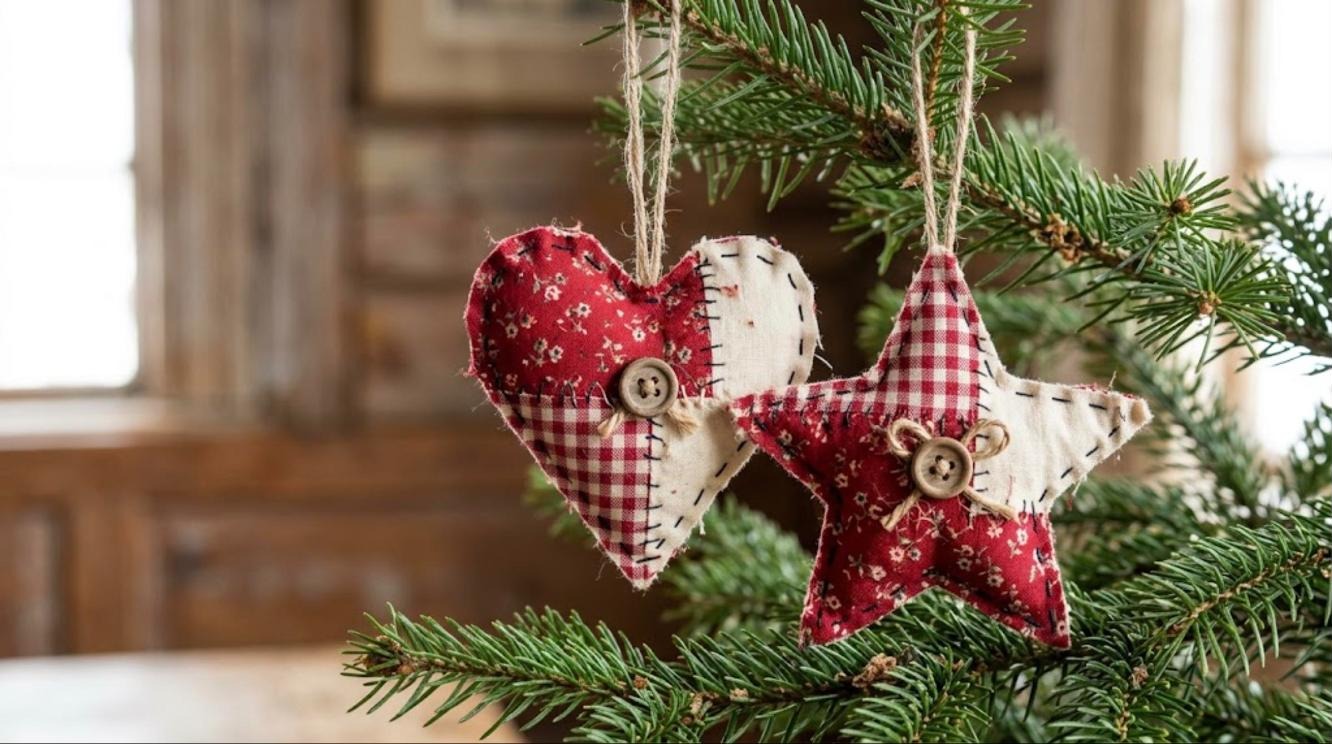 Little Women Christmas: hand stitched red calico heart and star ornaments hanging on fir branches with twine loops