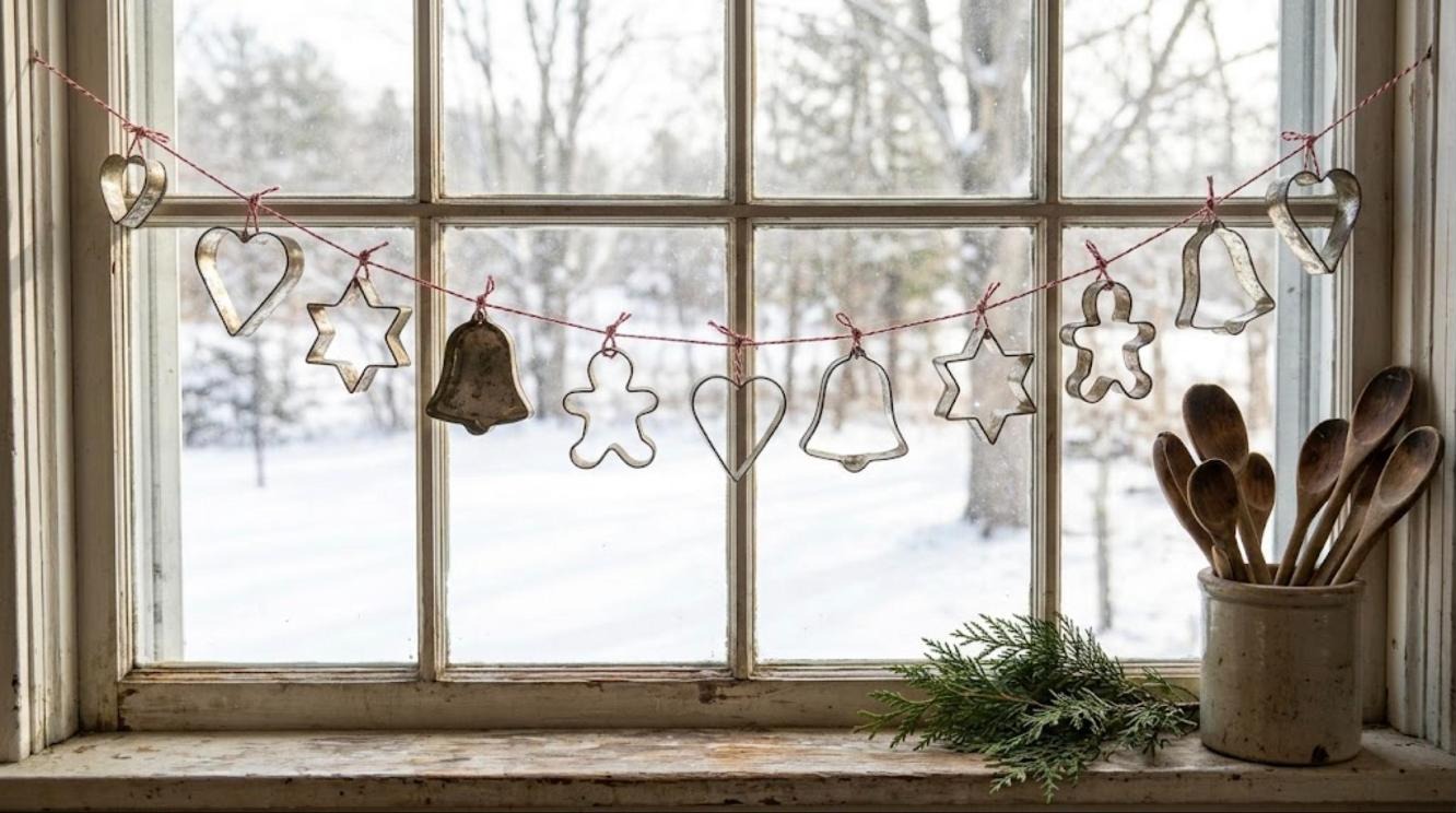 Garland of vintage tin cookie cutters tied on red and white baker twine hanging across a farmhouse kitchen window