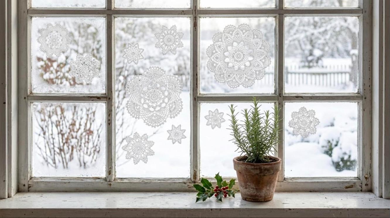 White lace doilies arranged like snowflakes on a frosty window pane in an old farmhouse