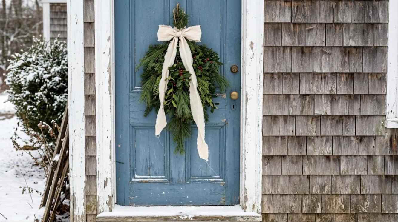 Evergreen swag of pine and cedar branches tied with a muslin ribbon bow hanging on a wooden door