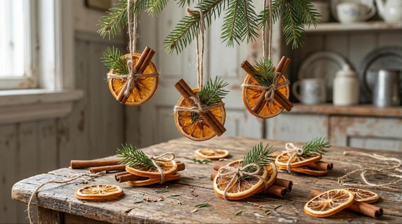 Dried orange slices and cinnamon sticks tied with twine into small bundles with pine sprigs on a rustic table