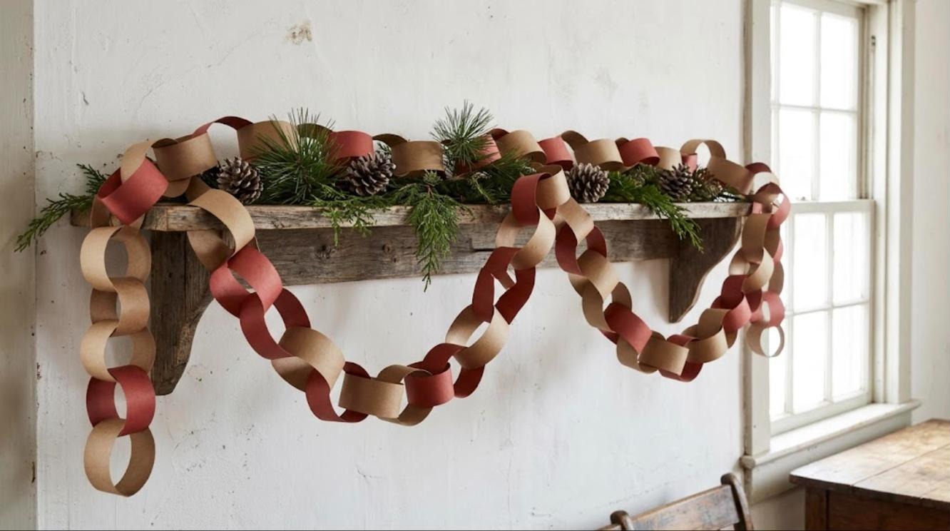 Paper chain garland in plain kraft and red paper draped along a wooden mantel shelf with greenery
