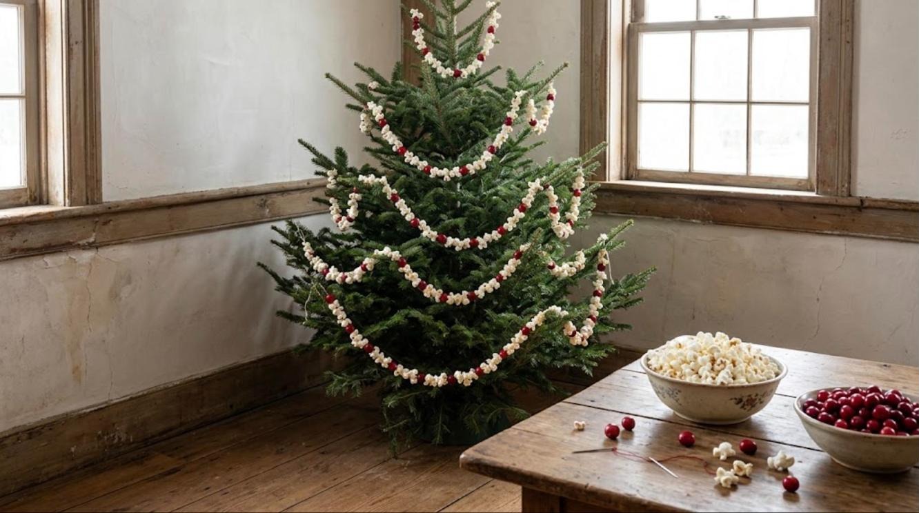 Fresh fir tree draped with homemade popcorn and cranberry garland beside bowls of popcorn and cranberries on a farmhouse table