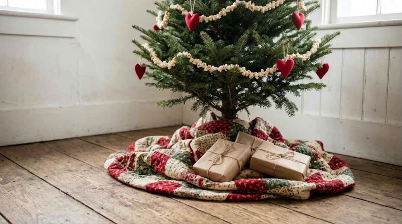 Little Women Christmas: red, cream and green patchwork quilt gathered around a tree with popcorn garland and brown paper gifts